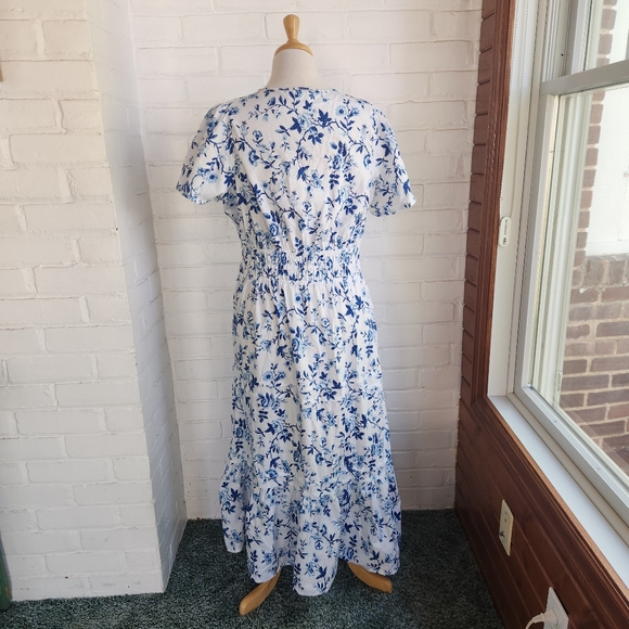 French Connection Blue White Floral Maxi Dress Tiered Long Cotton Pockets Sz L - Picture 5 of 9